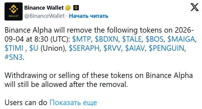 Криптобиржа Binance провела делистинг сразу 12 токенов с Binance Alpha